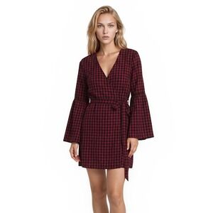 New Jack by BB Dakota Dress Women's Size Medium Red Black Buffalo Plaid Wrap